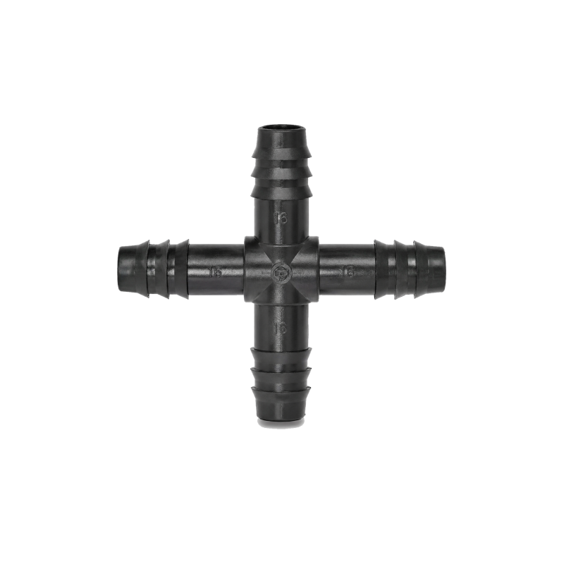 Barbed cross connector fitting for irrigation systems
