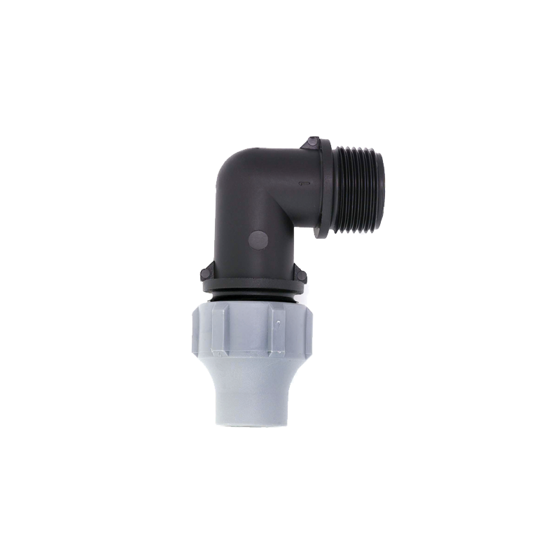 Male threaded elbow nut lock fitting for irrigation systems
