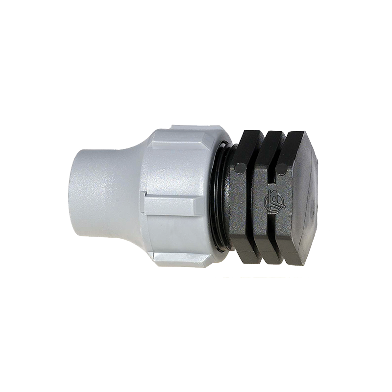 Nut lock line end fitting for irrigation pipe systems